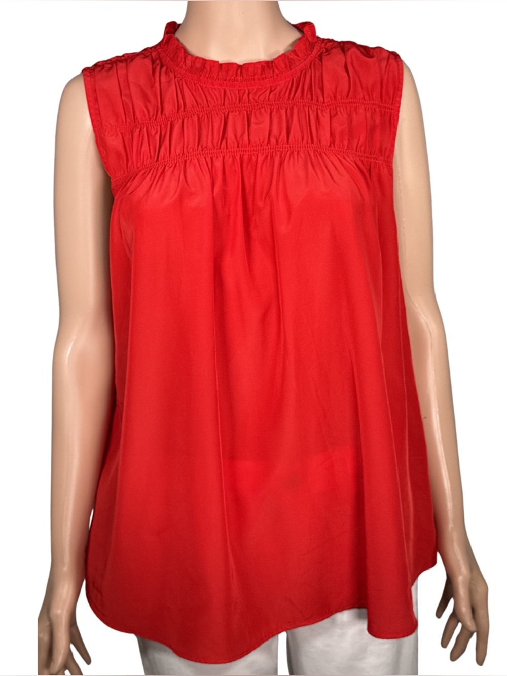 Joie Cayenne Red Smocked Ruffle-Neck Sleeveless Blouse – Size L